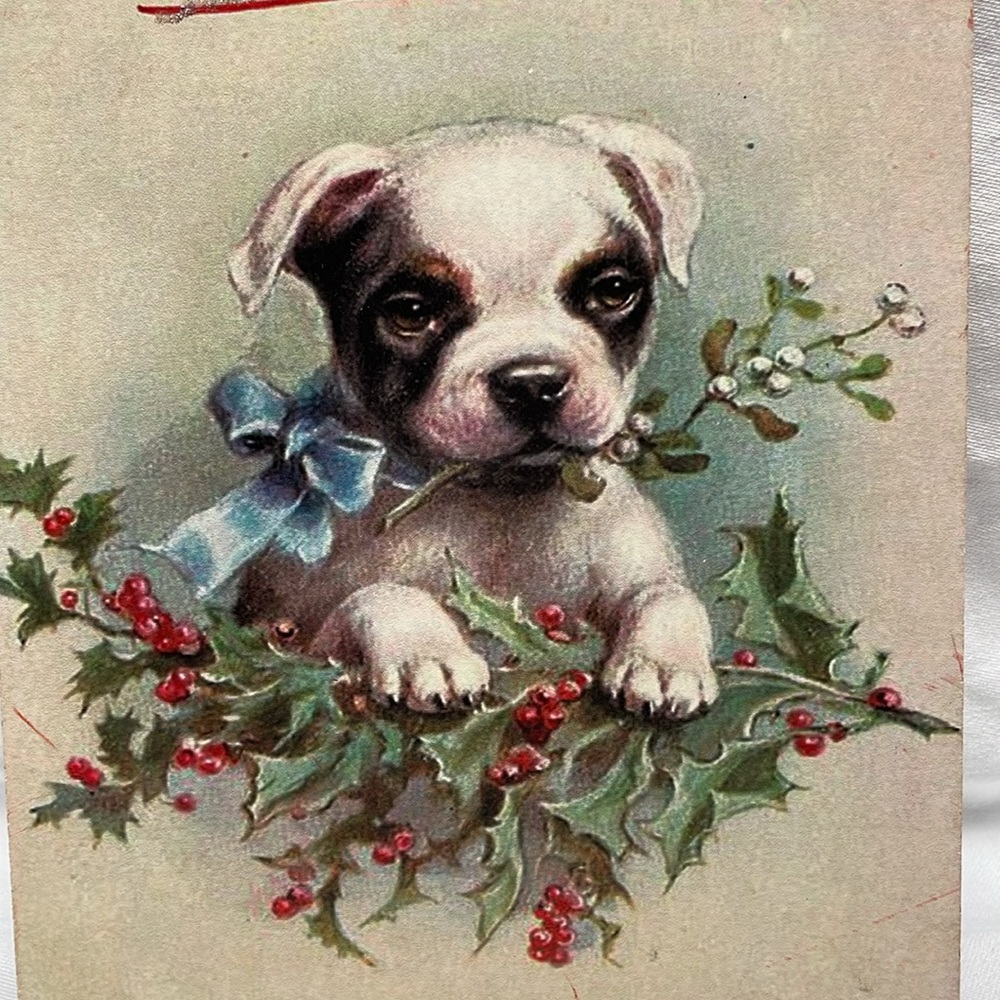 Puppy painting with red ribbon hanger with Season Greetings 6.5” X 9”